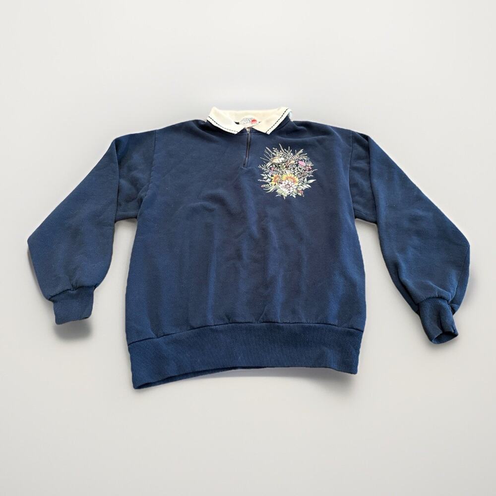 Vintage Morning Sun Womens Blue 1/4 Zip Floral Long Sleeve Sweater Size M USA